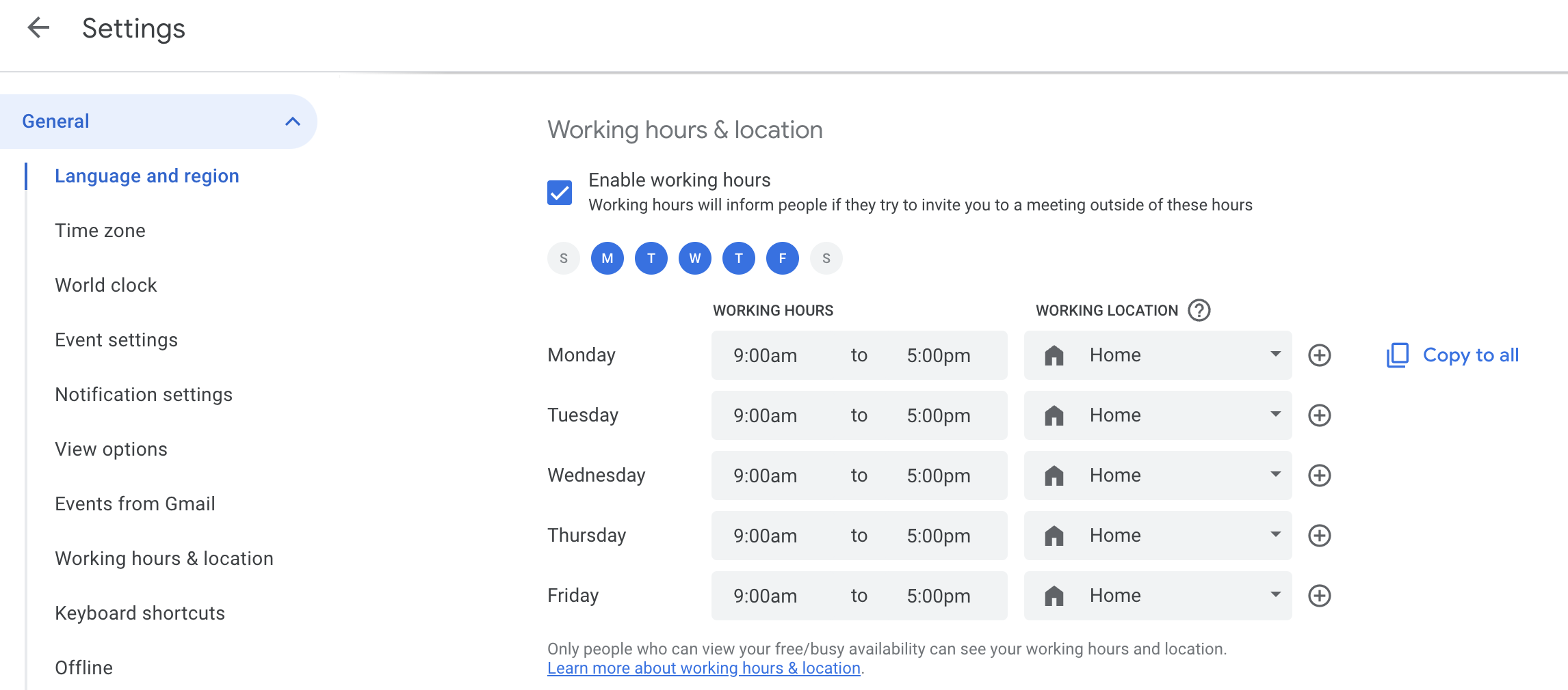 Screenshot of Google Calendar settings page showing Working hours and location settings. Enable working hours is selected, and the working hours selected are 9am to 5pm Monday through Friday. The Working location is Home.